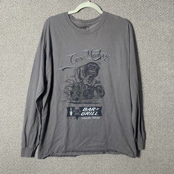 GMBG Gas Monkey Bar N Grill Mens Shirt Large Gray Long Sleeves Graphic Biker - Picture 1 of 8
